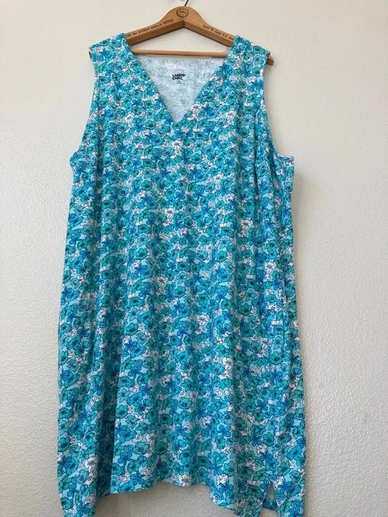 Lands' End Cotton Floral Knit Shift Dress Stretch Sleeveless Split V neck sz 3X - Picture 4 of 13